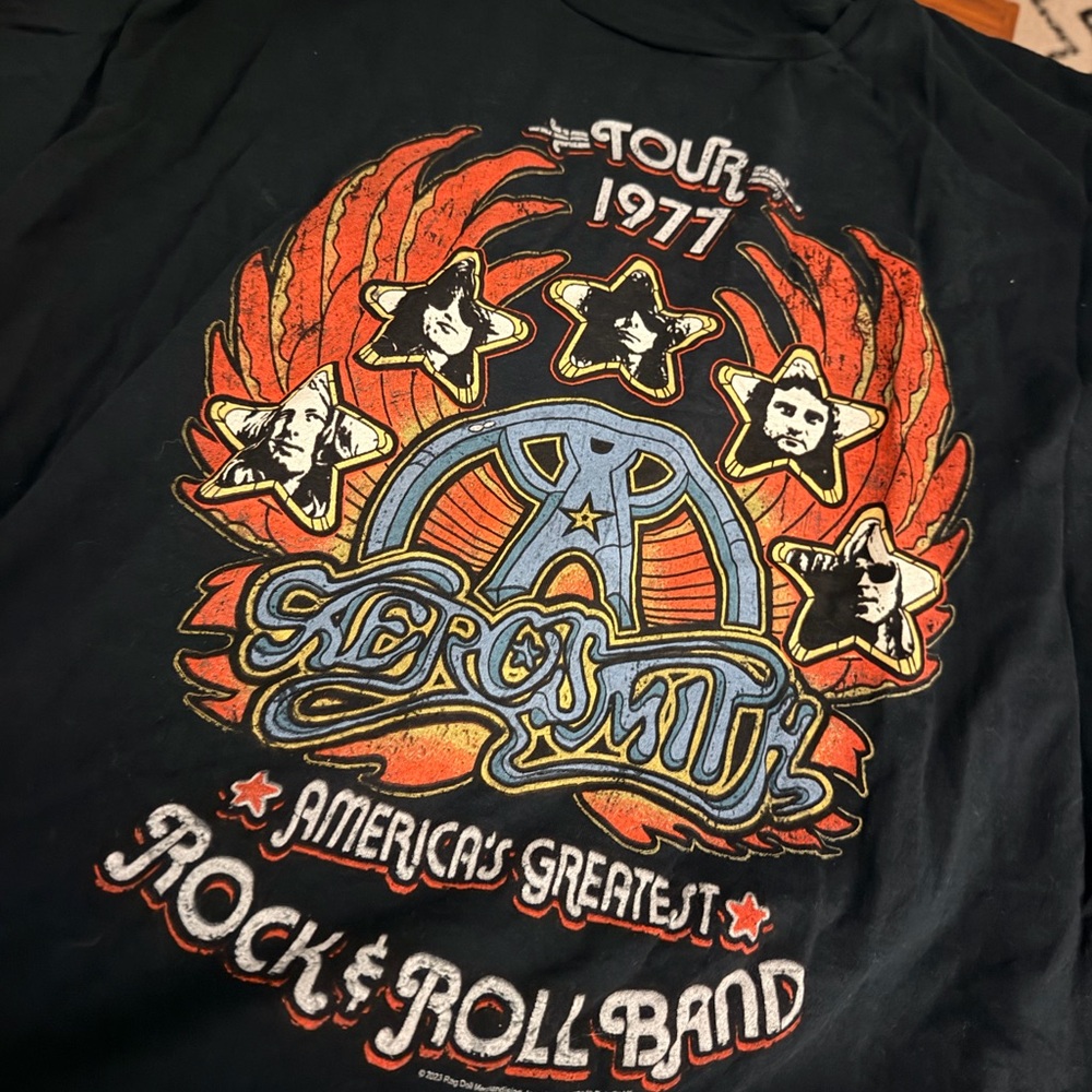 Aerosmith 1977 Tour Graphic Tee - Black with Red & Blue Print
